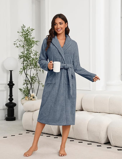 Ekouaer Women's Robe Long Plush Soft Bathrobe Cozy Warm Robes Shawl Collar Sleepwear with Pockets