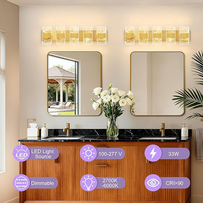 Modern LED Bathroom Light Fixtures Dimmable 5-Light Gold Vanity Light, 5CCT Adjustable Lighting Fixture Vanity Lights Over Mirror, Smoked Acrylic LED Vanity Lights for Bathroom