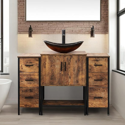 UEV 48" Rustic Brown Bathroom Vanity with Sink Combo,Industrial Iron Frame Bathroom Cabinet Sets with Doulbe 3 Drawers Side Cabinet,Modern Brown Boat Tempered Glass Vessel Sink(029BR)