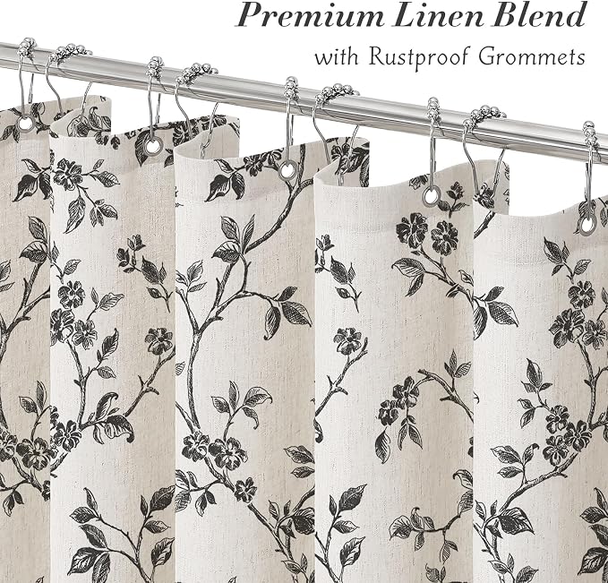 MitoVilla Black Linen Floral Shower Curtain for Bathroom, 72 x 72 | Black BoHo Cottagecore Spring Shower Curtains, Modern Farmhouse Country Plant Leaves Bathroom Décor, 72 x 72