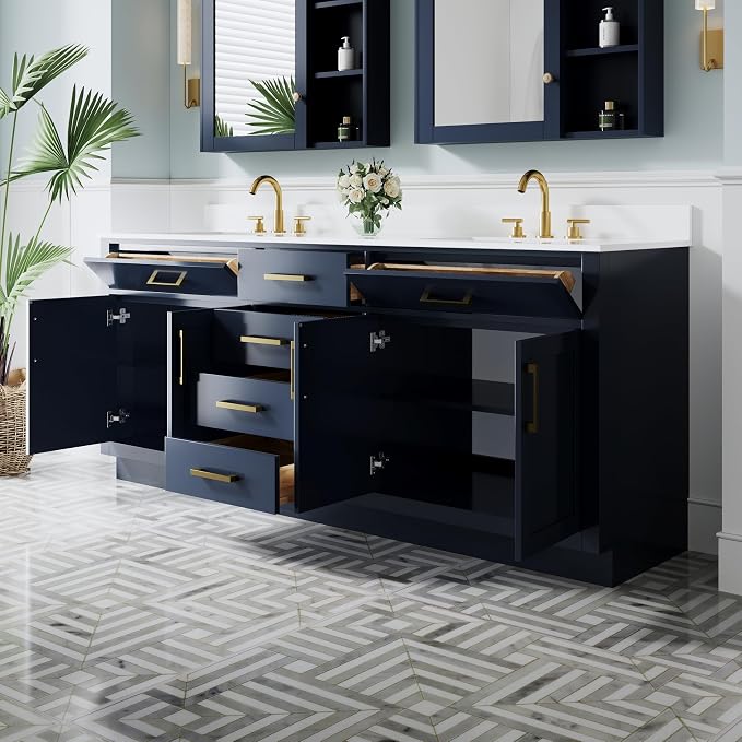 80-Inch Bathroom Vanity with Double Sinks W/ 4 Doors & 4 Drawers & 2 Flip Drawers, Navy Blue Vanity W/Brushed Gold Handles