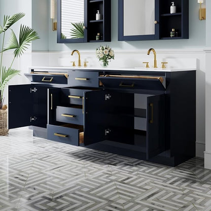 80-Inch Bathroom Vanity with Double Sinks W/ 4 Doors & 4 Drawers & 2 Flip Drawers, Navy Blue Vanity W/Brushed Gold Handles