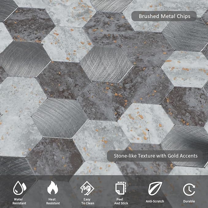 12 Sheets Peel and Stick Backsplash Tile, Hexagon Gray Stone Rock Mixed Brushed Metal Stick on Backsplash, Honeycomb Self Adhesive Mosaic Wall Tiles for Kitchen Bathroom (11.3" x 5.7")