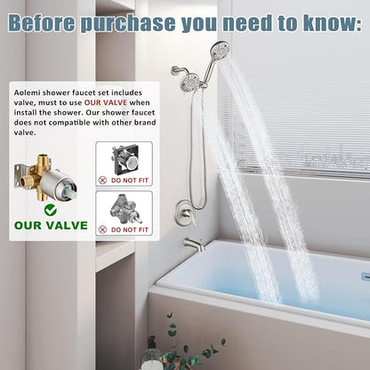 Aolemi Tub Shower Faucet Set Dual 8 Mode Head Valve Kit Brushed Nickel | Valve and Trim Kit, ABS Shower Head and Handheld System, Bathroom Bath Tub Spout 6.3",SUS304,Single Handle