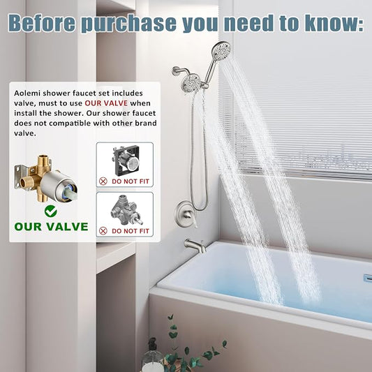 Aolemi Tub Shower Faucet Set Dual 8 Mode Head Valve Kit Brushed Nickel | Valve and Trim Kit, ABS Shower Head and Handheld System, Bathroom Bath Tub Spout 6.3",SUS304,Single Handle
