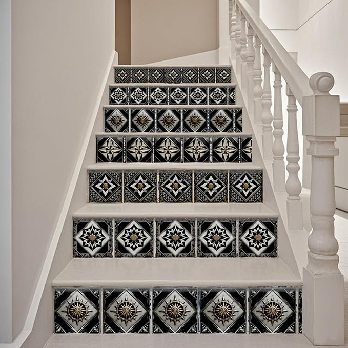 36pcs 4 Styles Retro Pattern Tile Stickers Black and Brown Geometric Patterns Waterproof PVC Tile Decals for Kitchen Bathroom 4x4 inch