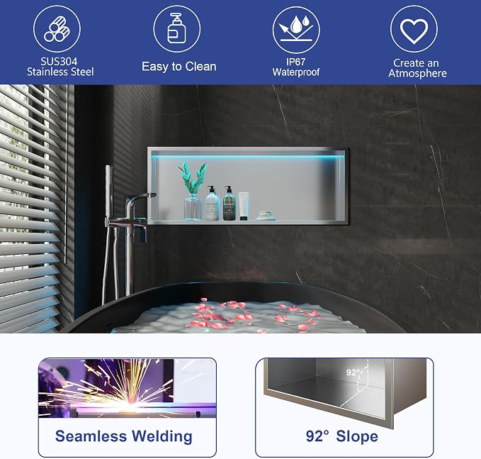30X12 RGB Shower Niche Waterproof Brushed Nickel Stainless Steel LED Recessed Wall Niche for Shower, Tile-Ready Bathroom Wall Niche Light Kit with Remote Control