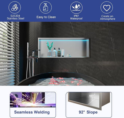 30X12 RGB Shower Niche Waterproof Brushed Nickel Stainless Steel LED Recessed Wall Niche for Shower, Tile-Ready Bathroom Wall Niche Light Kit with Remote Control