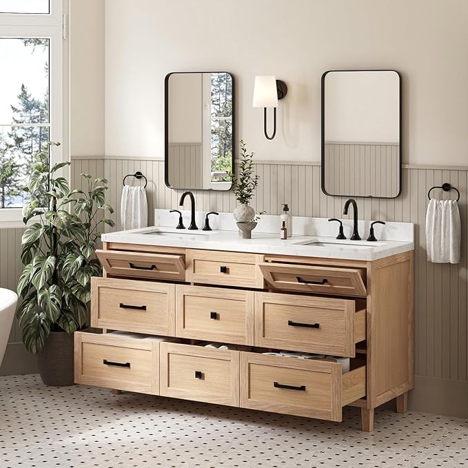 ARIEL Monroe 66-inch Bathroom Vanity with Sink,Solid Wood, 1.5-inch Carrara White Quartz Countertop & Backsplash, Double Oval Porcelain Sink, 9 Dovetail Drawers, Matte Black, White Oak