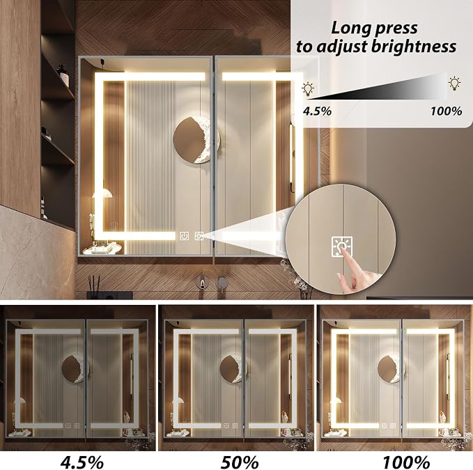 APRILSOUL 36x30 Inch Lighted Bathroom Medicine Cabinet with Mirror, Silver Recessed or Surface Mount Medicine Cabinet Mirror with Storage and LED Lights, 3 Colors Temperature, Dimmable Light