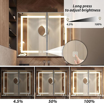 APRILSOUL 36x30 Inch Lighted Bathroom Medicine Cabinet with Mirror, Silver Recessed or Surface Mount Medicine Cabinet Mirror with Storage and LED Lights, 3 Colors Temperature, Dimmable Light