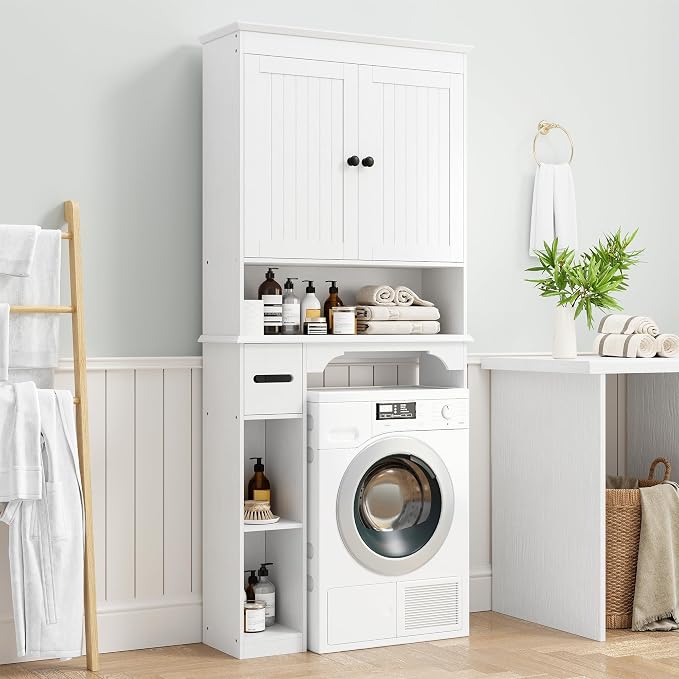 GarveeHome Over the Toilet Cabinet, Double Door Bathroom Storage Organizer, Toilet Rack with Open Storage Shelf, FreeStanding Toilet Shelf Space Saver, for Bathroom, Restroom, Laundry