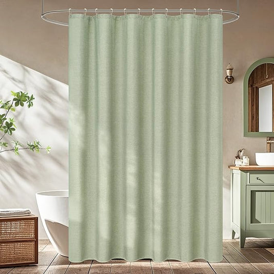 Sage Green Farmhouse Fabric Shower Curtain, 72 x 84 Inch Extra Long Natural Faux Linen Textured Shower Curtain Washable, Water-Resistant Country Rustic Thick Bathroom Curtain Ultra-Durable