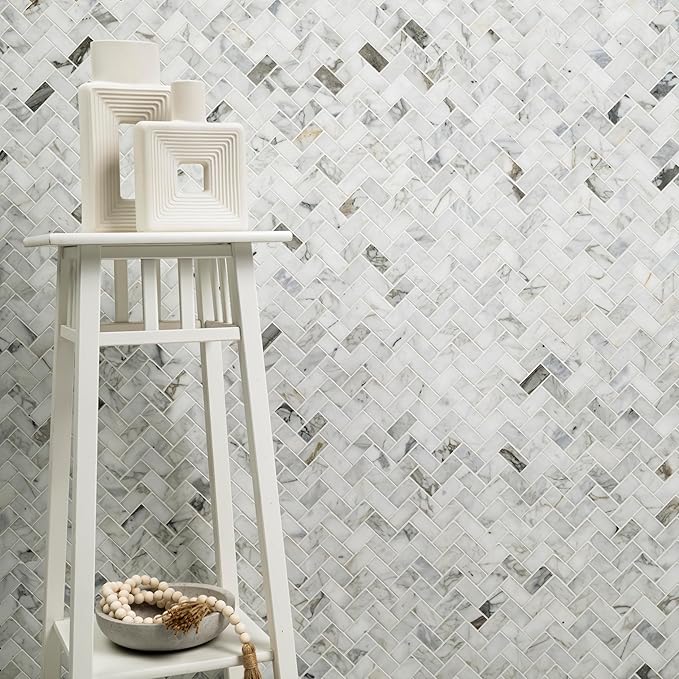 MSI Calacatta Cressa Herringbone Honed Marble Tile for Kitchen Backsplash, Wall Tile for Bathroom, Accent Wall Tile, and Shower Wall Tile, Mesh-Mounted Mosaic Tile, 11.61 x 11.61, White, 10 Piece