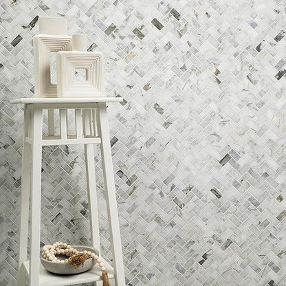 MSI Calacatta Cressa Herringbone Honed Marble Tile for Kitchen Backsplash, Wall Tile for Bathroom, Accent Wall Tile, and Shower Wall Tile, Mesh-Mounted Mosaic Tile, 11.61 x 11.61, White, 10 Piece