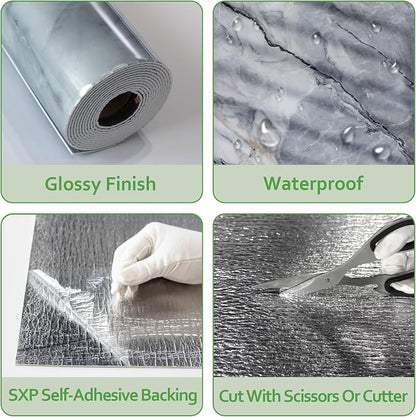 Marble Peel and Stick Waterproof Wall Paneling, 118" x 47" Pietra Grey Glossy Finish Self-Adhesive Backsplash Tile Vinyl Wall Panel for Kitchen Bathroom Wall Decor, Covers 38.75 Sq. Ft.