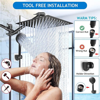Black Shower Head Combo,10 Inch High Pressure Rain with 11" Extension Arm | 5 Settings Handheld Powerful Shower Spray Against Low Pressure Water, Free Installation Matte Black