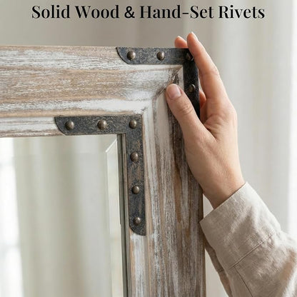 Distressed White 24x36 Inch Wood Bathroom Vanity Mirror, Rivets | Farmhouse style, beveled glass edge, layered whitewashed grain, single-sink bathrooms, dressers and entry consoles