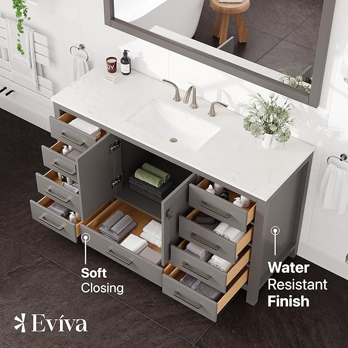Eviva Aberdeen 60 in. Gray Single Sink Bath Vanity with Carrara Quartz Top and Undermount Porcelain Sink
