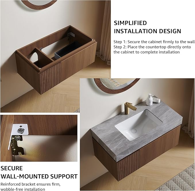 30” Floating Bathroom Vanity with Sink, Wall-Mounted Cabinet with Drawer & Doors, Gray Travertine-Pattern Sintered Stone Top, Undermount Basin, Single Faucet Hole, Soft-Close, Pre-Assembled, Brown Oak