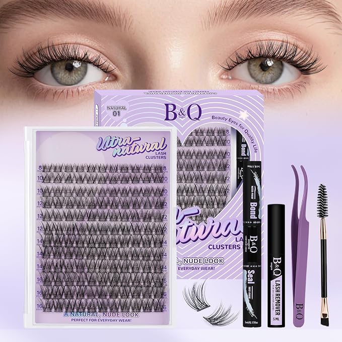B&Q Natural Lash Clusters, Wispy Invisible Band for Daily Wear, 144PCS | Natural wispy clusters 8-16mm, invisible band 0.03mm ultra-fine, sensitive eyes friendly, DIY daily office date night