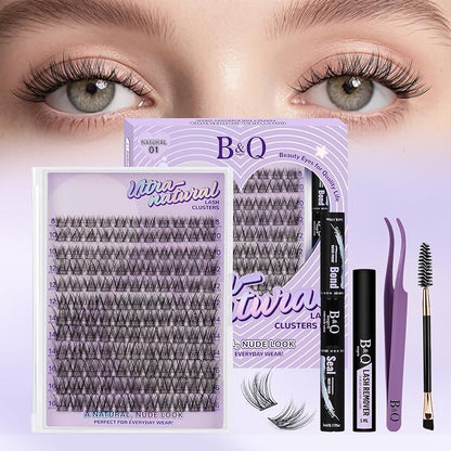 B&Q Natural Lash Clusters, Wispy Invisible Band for Daily Wear, 144PCS | Natural wispy clusters 8-16mm, invisible band 0.03mm ultra-fine, sensitive eyes friendly, DIY daily office date night