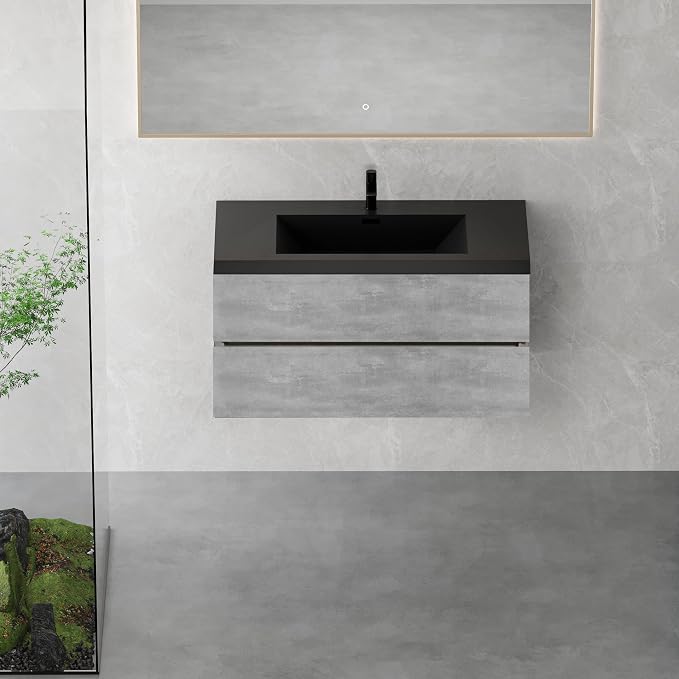 42" Floating Bathroom Vanity with Sink, Modern Wall-Mounted Bathroom Storage Vanity Cabinet with Two Black Quartz Sand Top Basins and Four Soft Close Drawers, Cement Grey