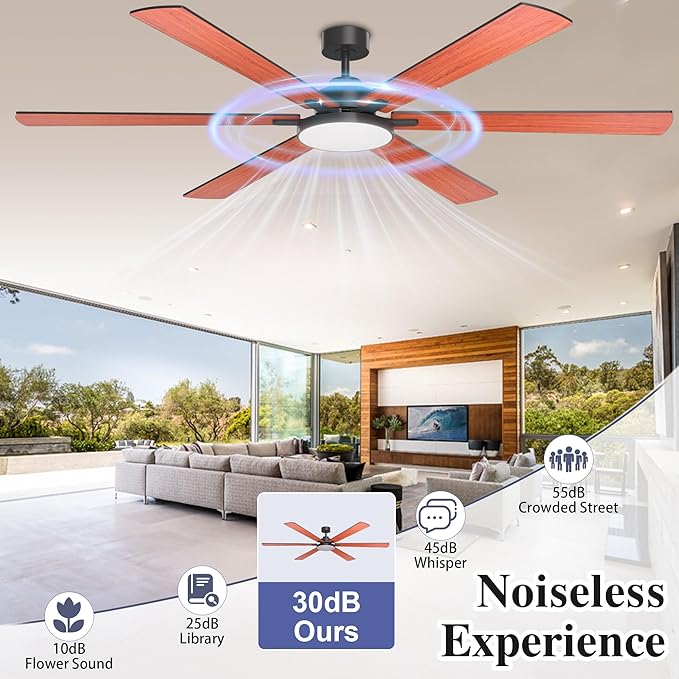80 Inch Ceiling Fans with Lights and Remote Control, Indoor/Outdoor Flush Mount Low Profile, Commercial Reversible Dimmable Ceiling Fans for Living Room Patio Industrial Shop, Wood Grain