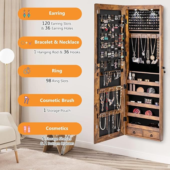 Moccha Wall Door Jewelry Armoire, 47.5" H Full Length Mirrored Jewelry Cabinet with 2 LED Lights and 2 Drawers, Lockable Jewelry Cabinet, Jewelry Organizer Storage for Bedroom, Rustic Brown