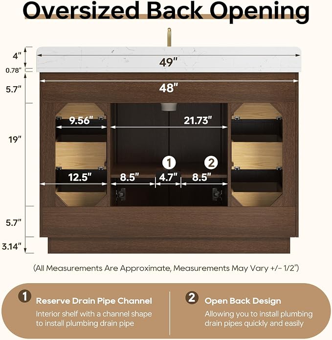 48" Fully Assembled Bathroom Vanity with Sink, Dark Brown | Solid Wood Frame Vanity with Engineered Stone Top & Backsplash, Ceramic Sink, 6 Full-Extension Drawers & 2 Soft-Close Doors