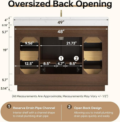 48" Fully Assembled Bathroom Vanity with Sink, Dark Brown | Solid Wood Frame Vanity with Engineered Stone Top & Backsplash, Ceramic Sink, 6 Full-Extension Drawers & 2 Soft-Close Doors