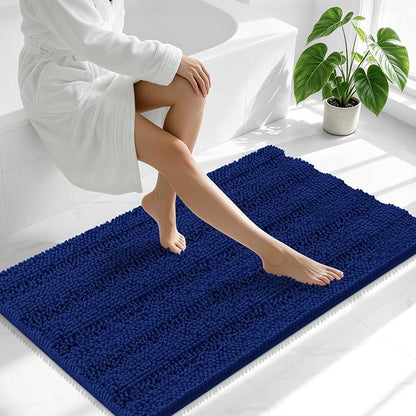 Smiry Thick Chenille Bathroom Runner Rugs 47x17, Absorbent Bath Mat, Navy | Quick‑Dry & Machine Washable, Non‑Slip Bath Carpet, Soft Striped Bath Rugs for Tub & Shower, Modern Home Decor Accessories