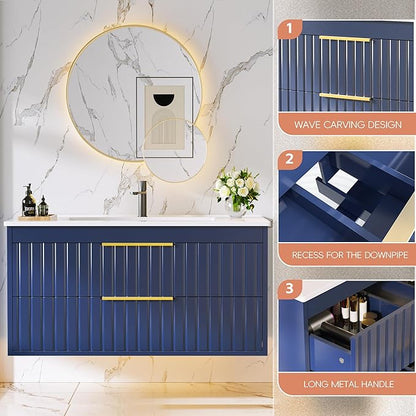 36" Bathroom Vanity with Sink, Floating Vanity Bathroom Sink Cabinet Wall Mount, Soft-Close Function 2 Large Drawers, Grooved Stripe Design, Hidden Damping Drawers, Blue
