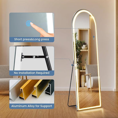 DUMOS Arched LED Mirror Full Length Standing, 16"x60" Full Body Wall Mirror | LED Lights 3 Color Lighting and Shatterproof Tempered Glass, Wall Hanging or Leaning, Floor Standing, Modern Home Decor