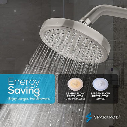 SparkPod 6" Rain Shower Head High Pressure w/ 6" Shower Arm, Brushed Nickel | High Pressure Shower Heads, 90 Nozzles, Adjustable Showerhead, No Tools Needed, Universal Connection, Gain Space & Style