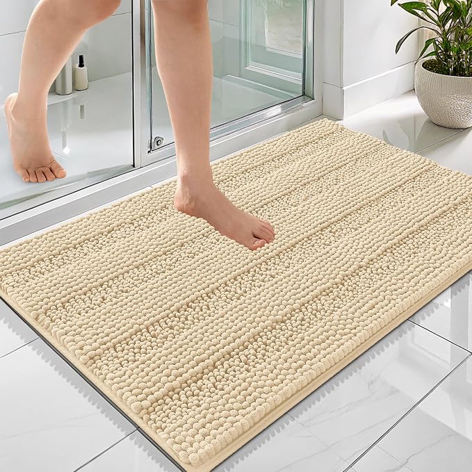 OLANLY Thick Bathroom Rugs 36x24, Soft Chenille Striped Bath Rugs, Beige | Rubber Backing, Machine Wash, Extra Absorbent Bath Mats for Bathroom Floor, Tub and Shower, Home Decor Accessories