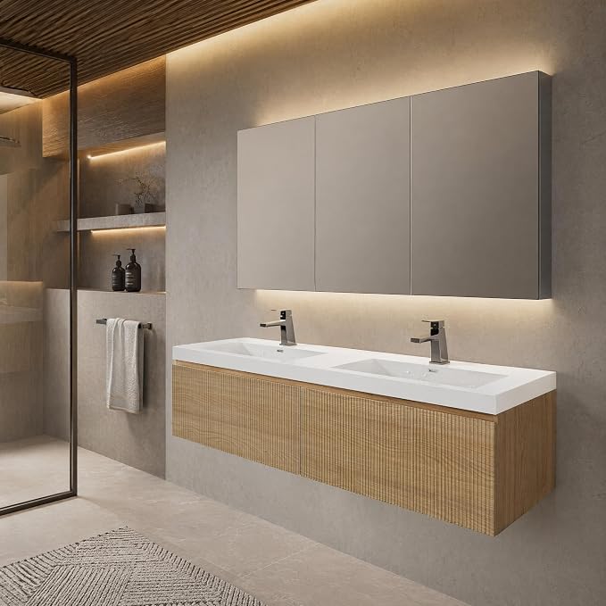 Floating Bathroom Vanity, 60" Wall Mounted Bathroom Cabinet with 2 Glossy White Stone Resin Sinks & U-Shaped Soft-Close Drawers, Pre-Assembled Striped Storage Vanity for Bathroom, Natural Wood