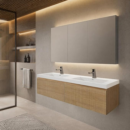 Floating Bathroom Vanity, 60" Wall Mounted Bathroom Cabinet with 2 Glossy White Stone Resin Sinks & U-Shaped Soft-Close Drawers, Pre-Assembled Striped Storage Vanity for Bathroom, Natural Wood