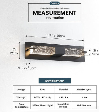 WOSHITU LED Wall Sconce Light: 19 Inch Black Modern Sconces Wall Lighting 3000K Dimmable Crystal Wall Lamps Indoor Bathroom Sconce Wall Mount Light Fixtures for Living Room/Bedroom/Hallway