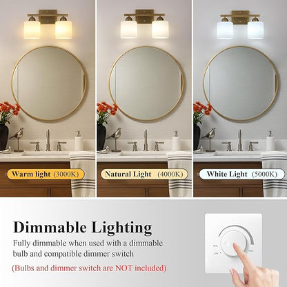 Milk Glass Vanity Lights for Bathroom, 2 Light Brass Bathroom Light Fixtures Over Mirror, Ceramic E26 Sockets Wall Mounted