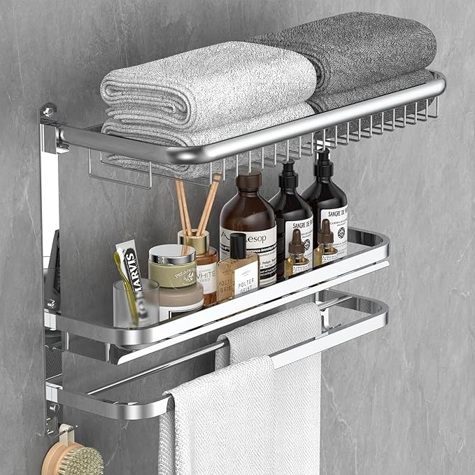Foldable 23.22 Inch Rowel Rack Wall Mounted with Bathroom Shower Shelves Stainless Steel Towel Bar Without Drilling and Screw Installation (Silvery)