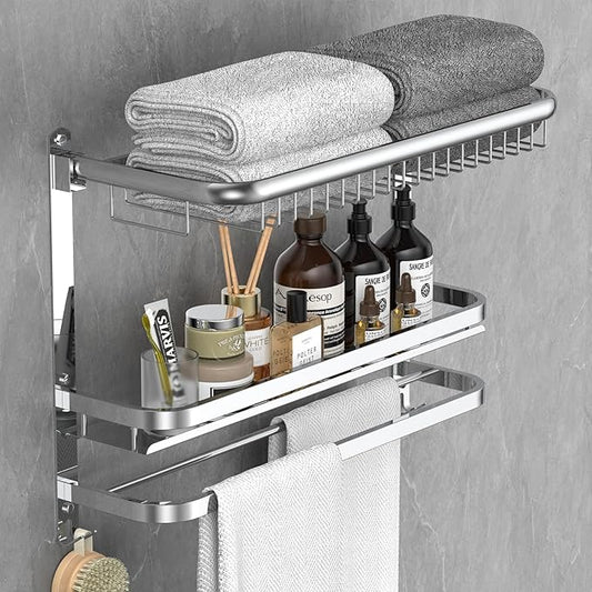 Foldable 23.22 Inch Rowel Rack Wall Mounted with Bathroom Shower Shelves Stainless Steel Towel Bar Without Drilling and Screw Installation (Silvery)