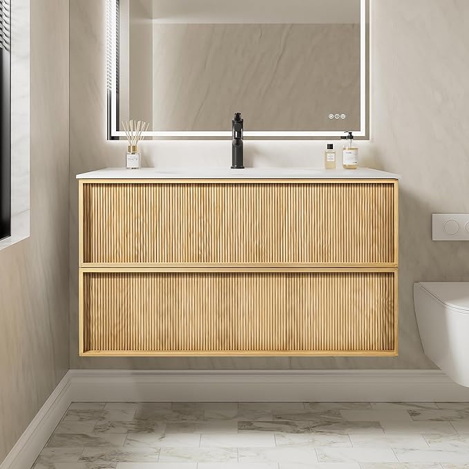 40" Japandi Floating Bathroom Vanity with Sink, Pre-Assembled Natural Oak Multi-Layer Solid Wood Bathroom Sink Vanity, Wall Mounted with Integrated Stone Top and 2 Soft Close Drawers