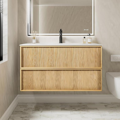 40" Japandi Floating Bathroom Vanity with Sink, Pre-Assembled Natural Oak Multi-Layer Solid Wood Bathroom Sink Vanity, Wall Mounted with Integrated Stone Top and 2 Soft Close Drawers