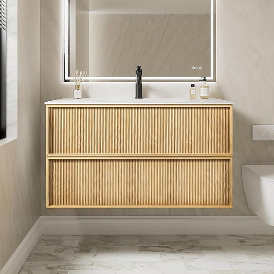 40" Japandi Floating Bathroom Vanity with Sink, Pre-Assembled Natural Oak Multi-Layer Solid Wood Bathroom Sink Vanity, Wall Mounted with Integrated Stone Top and 2 Soft Close Drawers