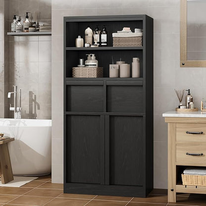 GAOMON 51" Tall Bathroom Storage Cabinet, Floor Cabinet with Doors & 2 Drawers, Organizer Cabinet Freestanding for Bathroom, Living Room, Kitchen & Pantry, Black