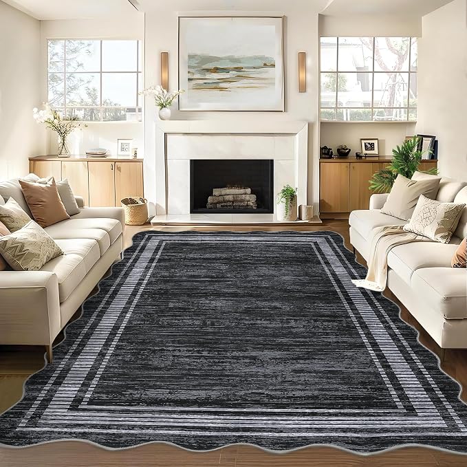Garvee Scalloped Area Rug 10x13 Washable Rug for Living Room | Girls Rug for Bedroom Non-Slip Soft Carpet for Bedroom, Scalloped Low-Pile Print Accent Rug for Dining Room Home Office