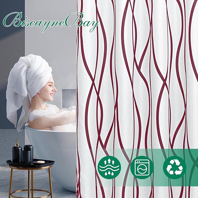 Fabric Modern Shower Curtain-Burgundy & White Shower Curtains for Bathroom | 72"W x 72"L Textured Faux Linen Luxury Hotel Quality Washable-Abstract Wavy Cloth Bath Curtain-Apartment Minimalist Decor