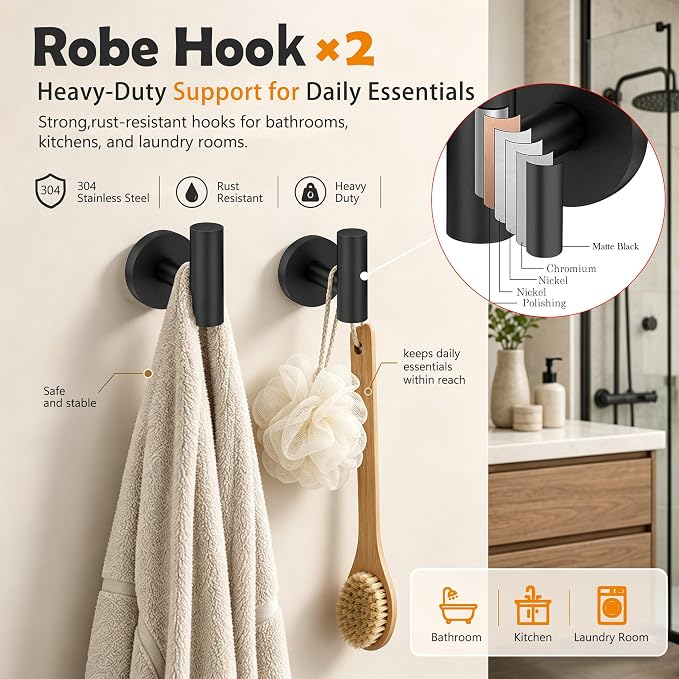 5 Piece Matte Black Bathroom Hardware Accessories Set, 24" Towel Bar Set | Bathroom Towel Rack Set with Wall Mounted SUS304 Stainless Steel , Double Post Toilet Paper Holder, Towel Ring & Robe Hooks