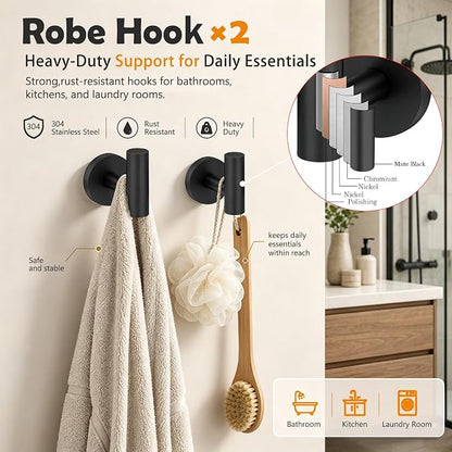 5 Piece Matte Black Bathroom Hardware Accessories Set, 24" Towel Bar Set | Bathroom Towel Rack Set with Wall Mounted SUS304 Stainless Steel , Double Post Toilet Paper Holder, Towel Ring & Robe Hooks